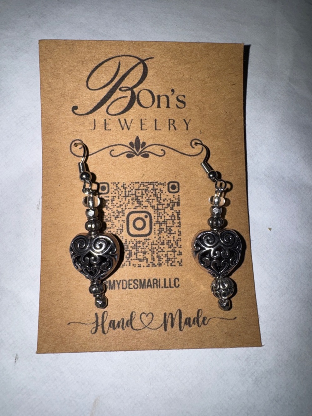 Black Filigree Heart Drop Earrings
